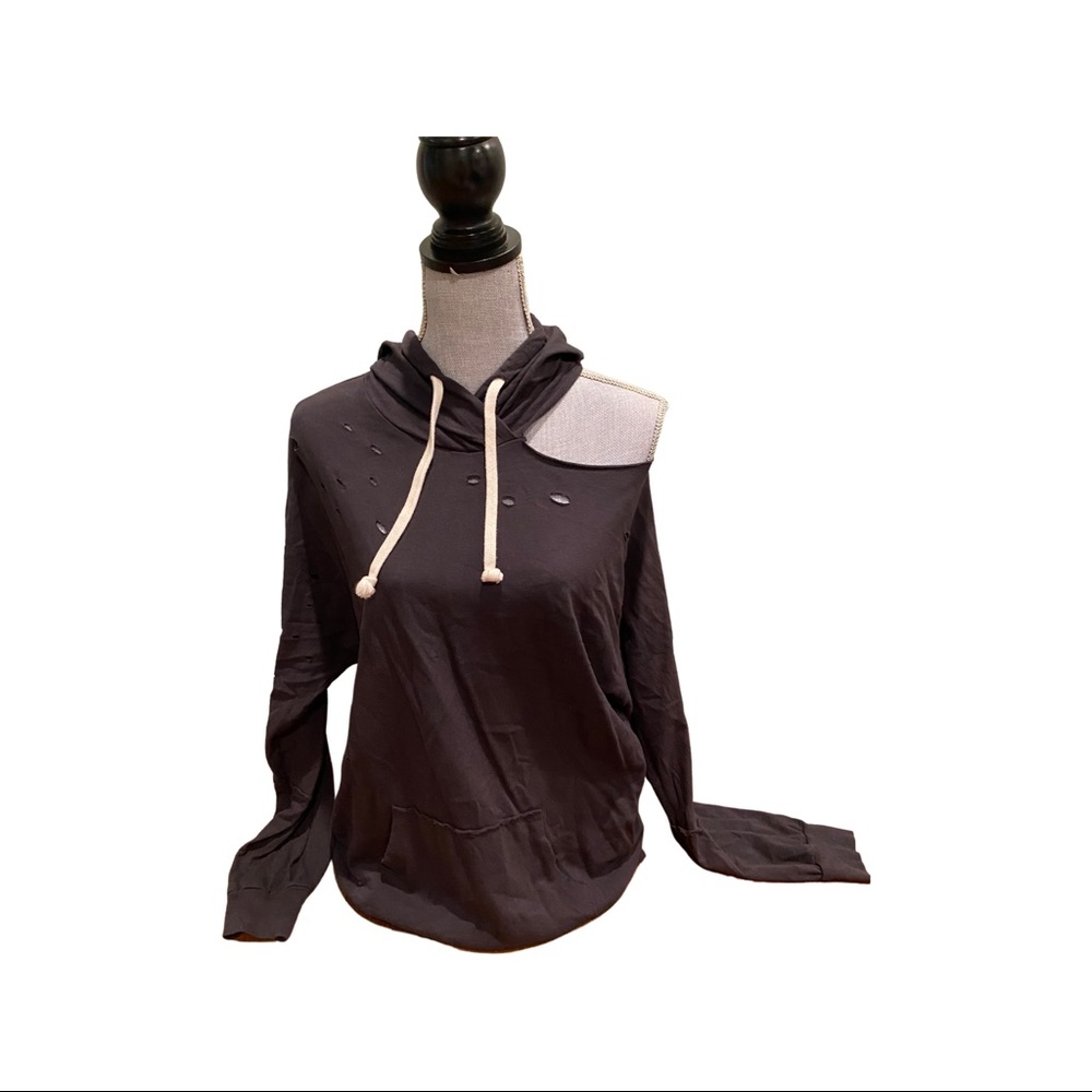 Distressed hoodie with cutout shoulder
